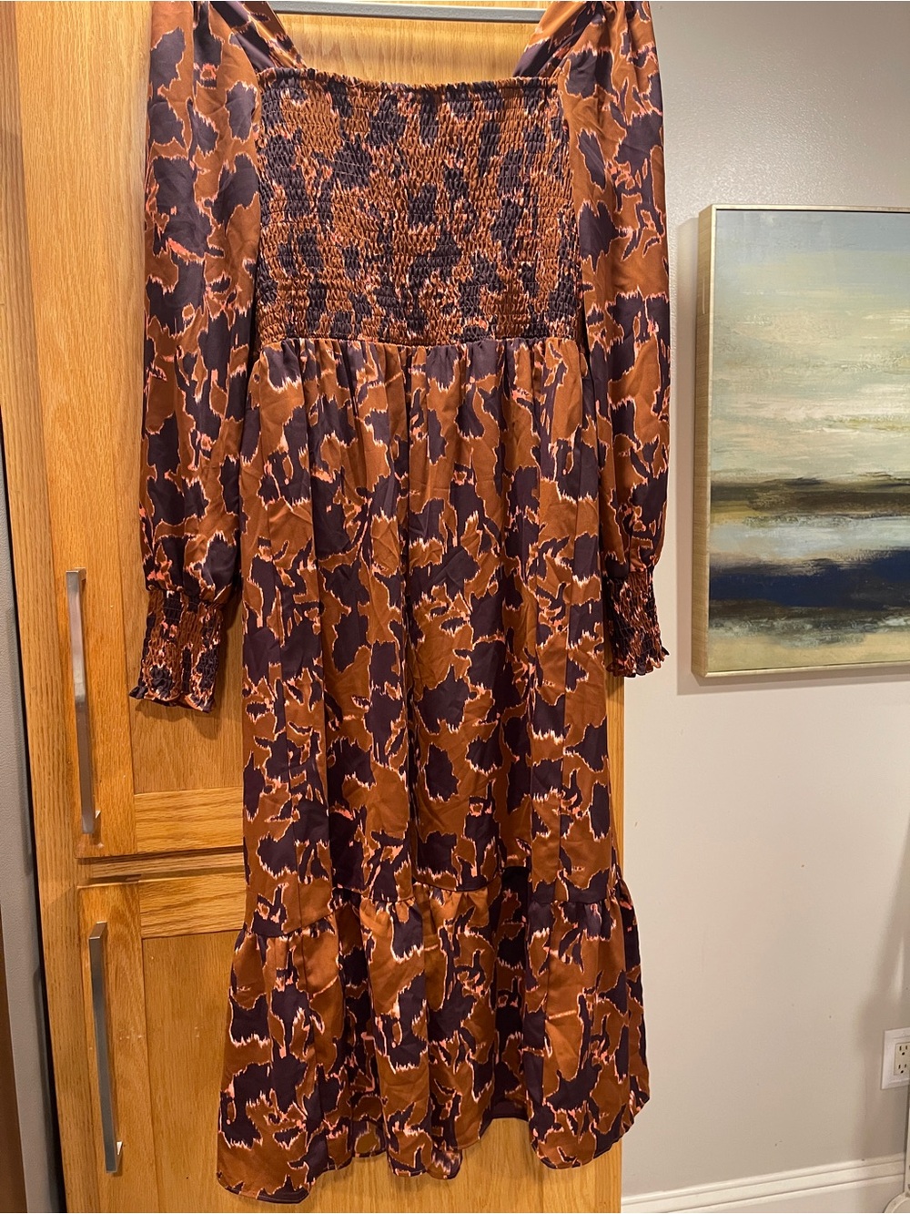 Nine West Brown and Black Floral Smocked Midi Dress